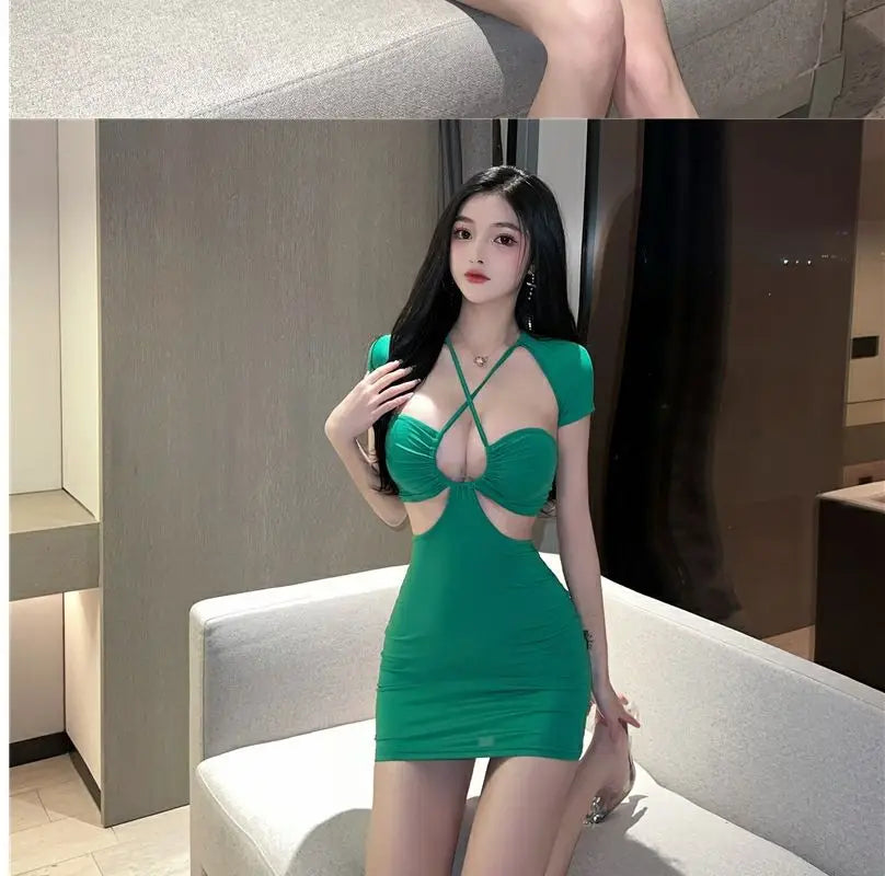 Women's Hollow Back Halter Neck Bodycon Mini Dress – Sexy Slim Wrap Hip Skirt | S–L (Green, Black, White)