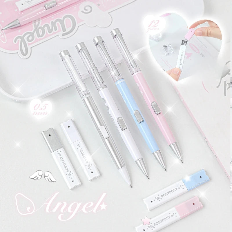 Angel Automatic Pencil Set 0.5HB Glitter Crystal Mechanical Pencil Push Button Cute Student Writing Tools Kawaii School Supplies