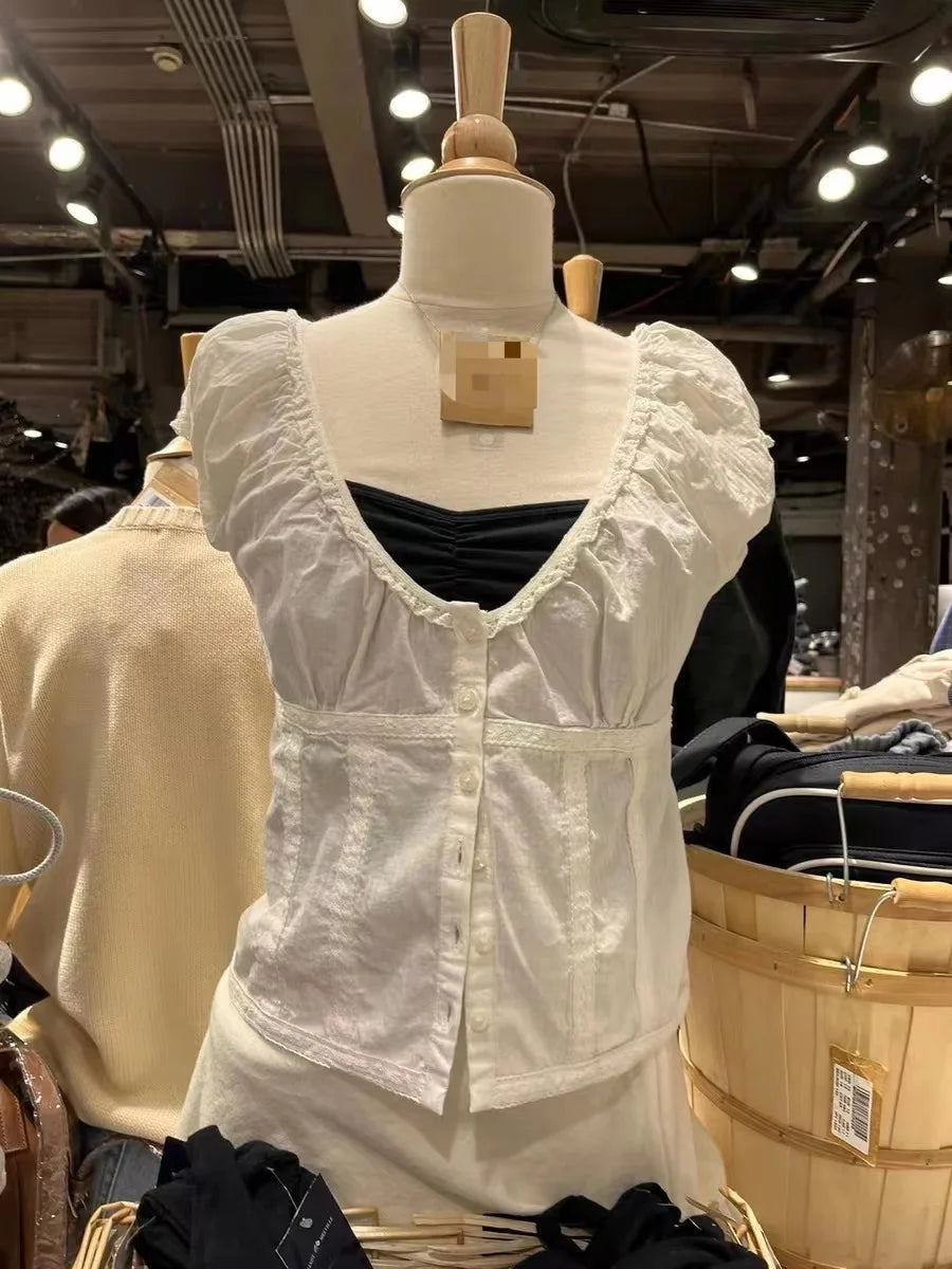 White Lace Tied Square Neck Summer T-shirts Chic Elegant Short Sleeve Tee Cotton Y2K Street Casual Bow Tie-up Top Women