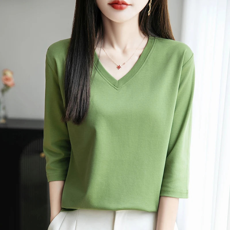 Spring And Summer New Cotton V-neck T-shirt Short-Sleeved Women's Half-Sleeve Bottoming Shirt High-End Cropped Sleeve Top
