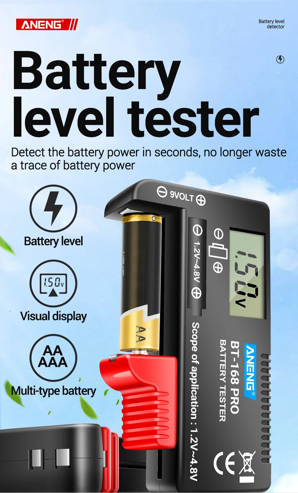ANENG BT-168 PRO Digital Battery Tester Checkered load analyzer Display Check AAA AA Button Cell Lithium Capacity Universal test