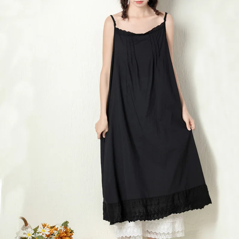 Johnature 2026 Summer New Japanese Casual Spaghetti Strap Thin All Match Dress For Women Solid Color Cotton Female Dresses
