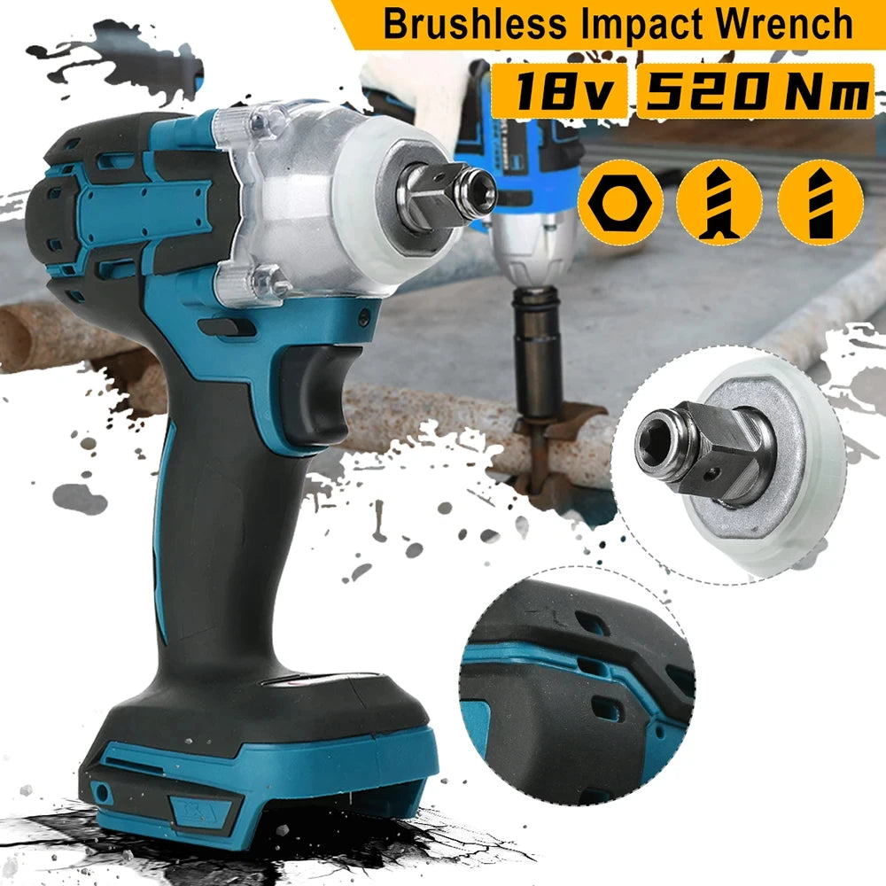 1/2 inch 520NM Brushless Cordless Electric Impact Wrench Power Tools Compatible 18V Battery Wrench with Toolbox Set