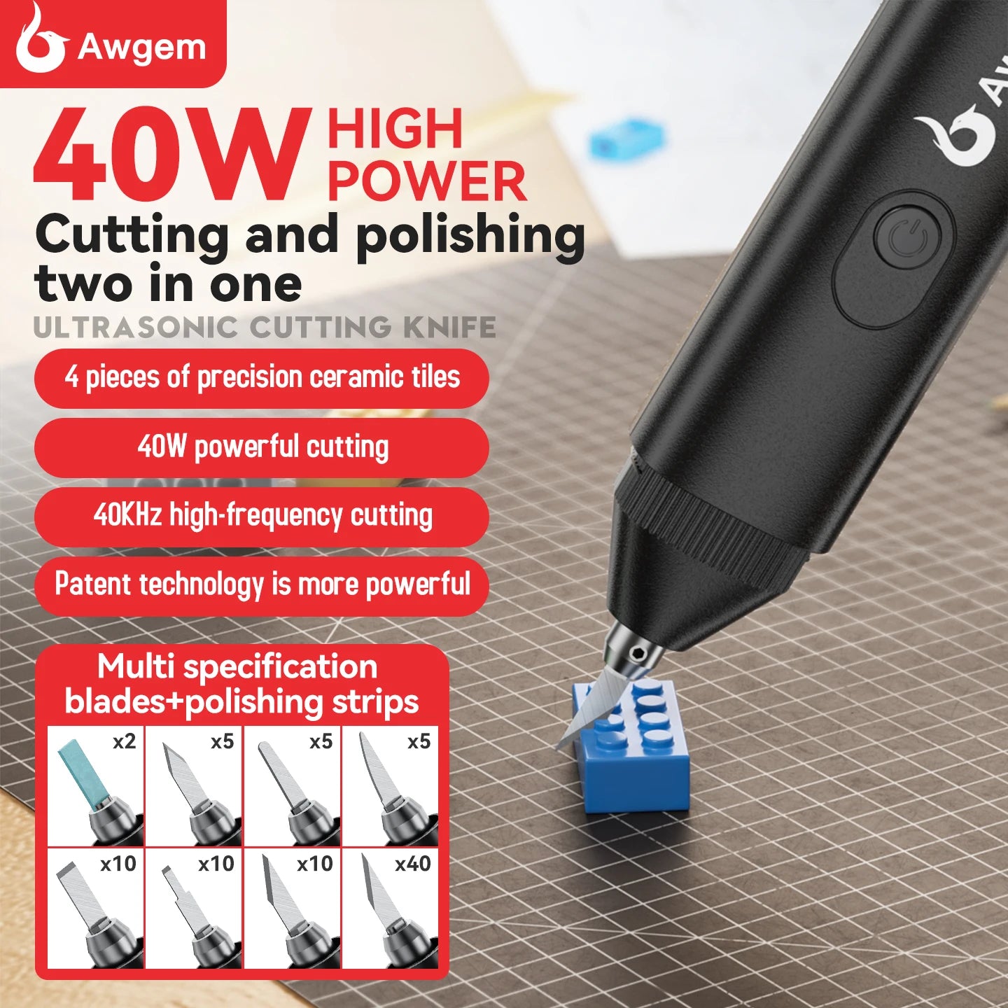 Awgem 40KHz Handheld Ultrasonic Cutter – Electric Carving Tool for Plastic, Resin, 3D Printing & Textile