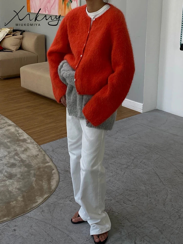 Women Short Cardigan Button Down Red Loose Knitted Outwear For Ladies Autumn O Neck Knit Jackets Purple Wool Cardigans For Women