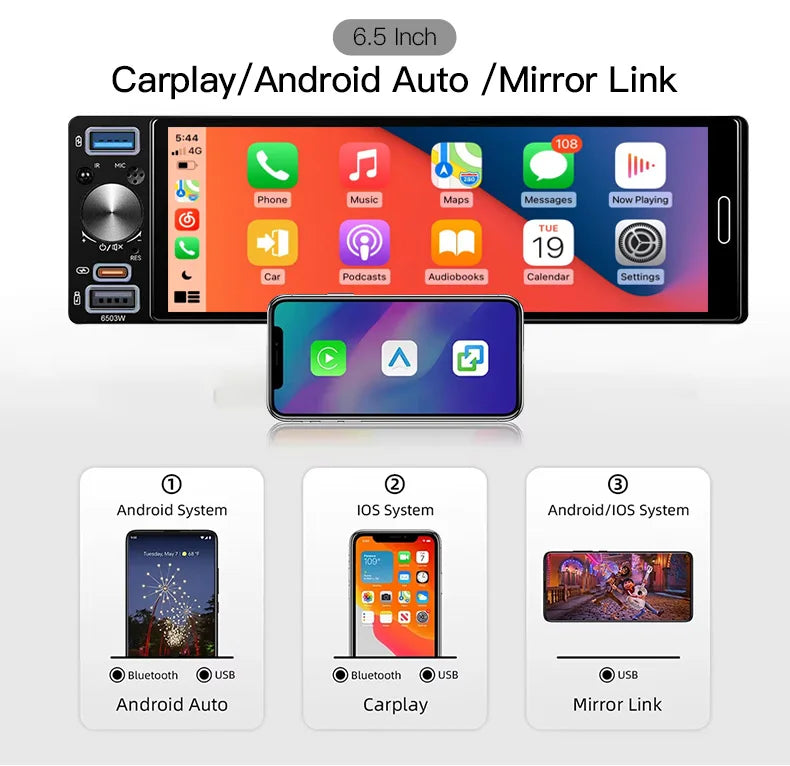 6.5" 1 DIN Universal Car Stereo with Apple CarPlay & Android Auto (MP5)