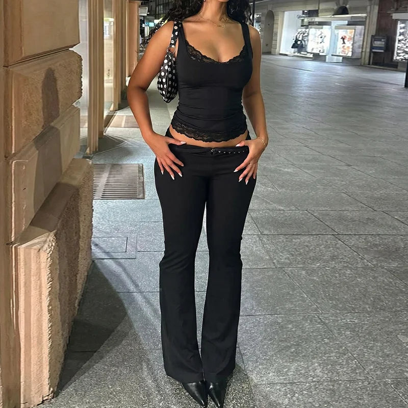 Dulzura Square Collar Backless Slim Lace Ruffles Patchwork Tank Top Women'S Fashion Sexy Y2K Top Party Vacation Summer Clothes