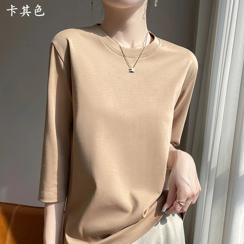 Women's Mercerized Cotton T-Shirt — Loose Round-Neck Half-Sleeve Top