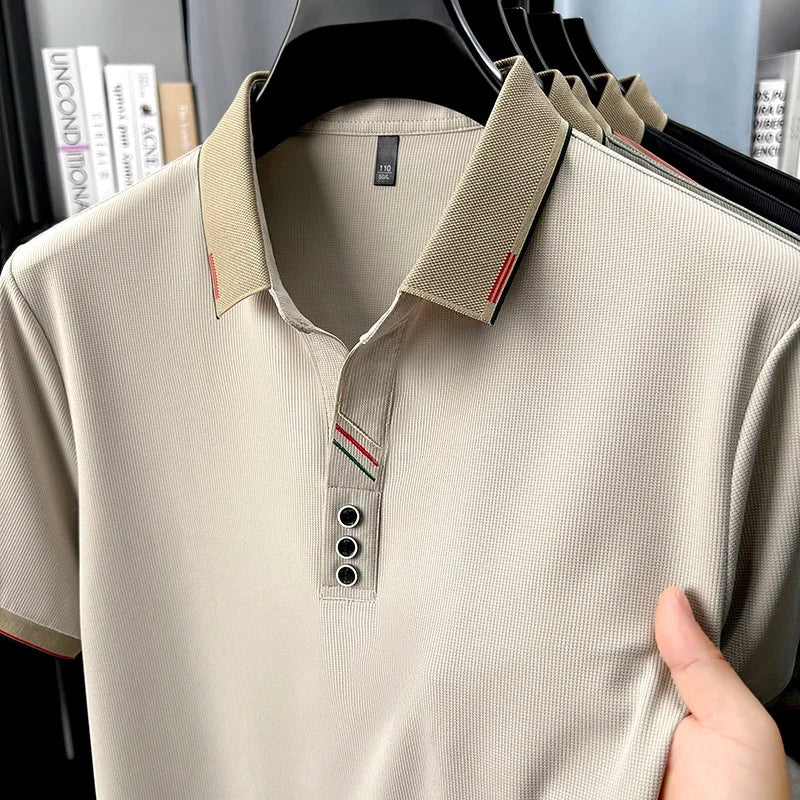 Men's Lapel Polo - Decorative Stripe Placket, Breathable Mesh