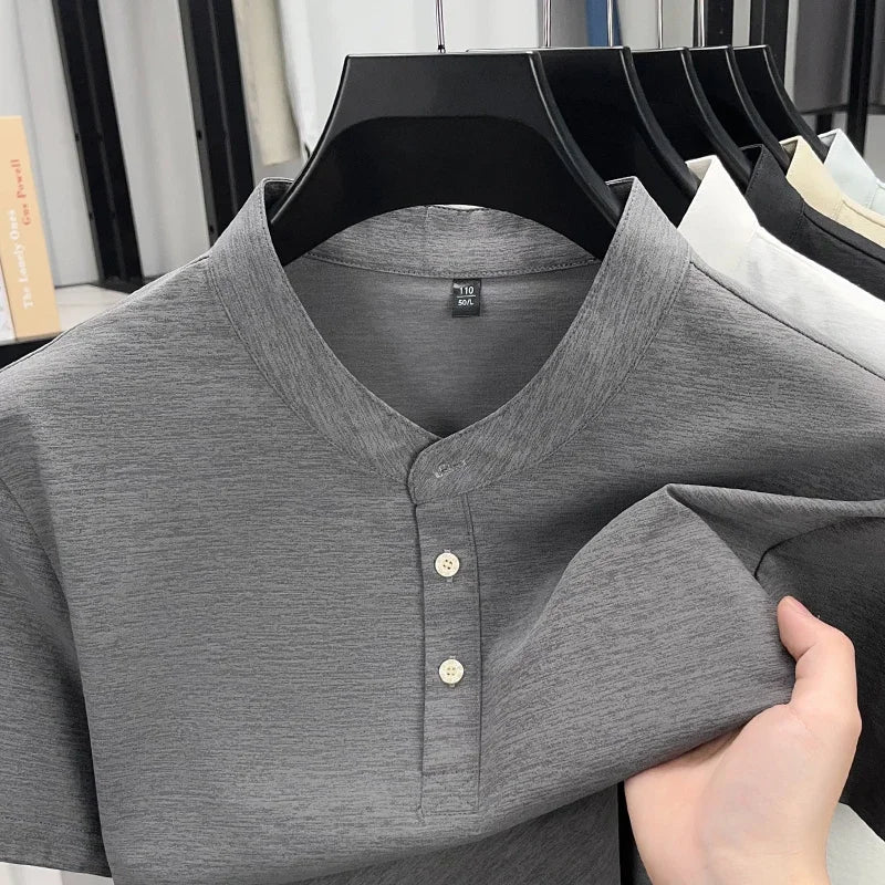 Men's Mandarin Collar Henley - Short Sleeve, Breathable Slim Fit