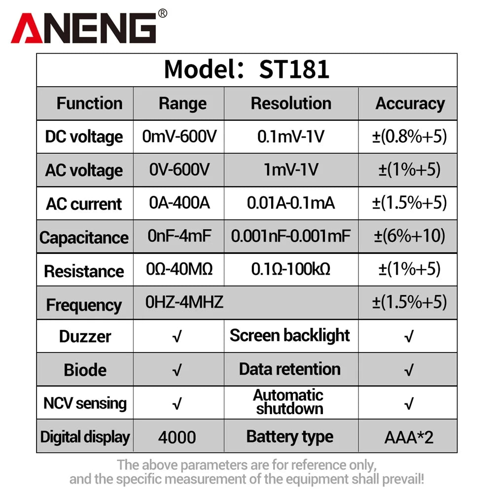 ANENG Clamp Meter Multimeter 4000 Counts Digital ST181+B19 AC Current Voltage Tester Ammeter Hz/Capacitance/NCV/Ohm Tester Tools