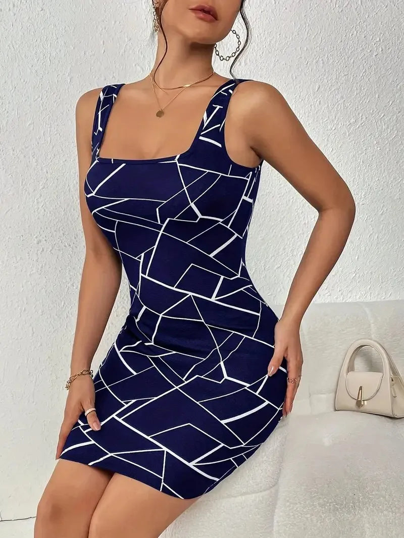 Geometric Print Bodycon Mini Dress – Square-Neck Party Dress