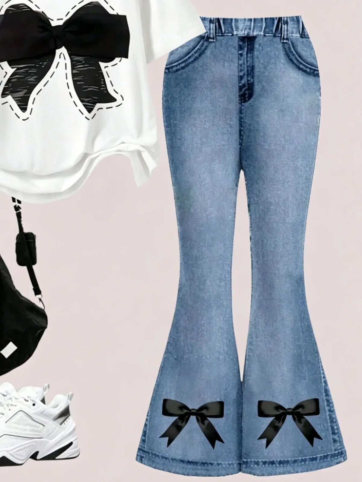 Girls' Summer Casual Outfit, Children's Casual Bowknot Set, Faux Denim Flared Pants + Round Neck Short-Sleeve T-Shirt Two-Piece Set, Trendy Daily Wear for Girls, Suitable for Ages 4-12