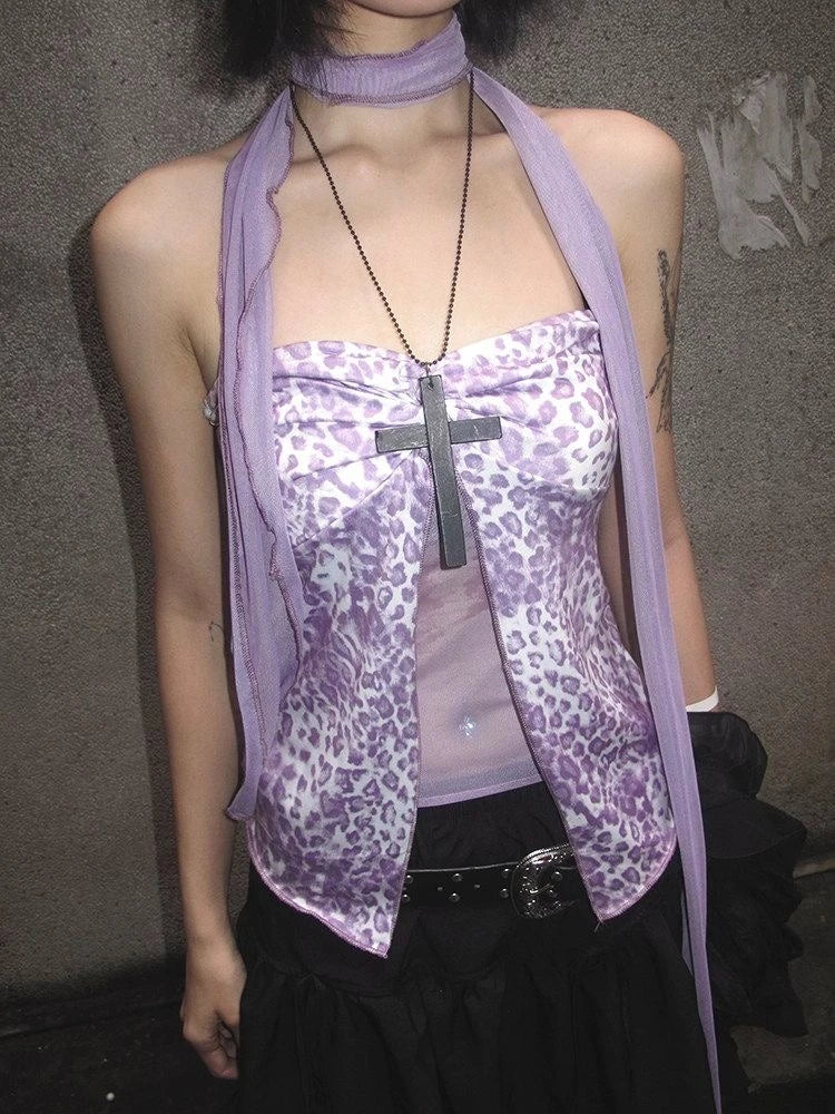 Women's Leopard Lace Cami — Y2K Patchwork Sleeveless Beach Tank Top