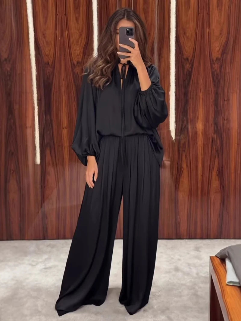 Satin Lace-Up V-Neck Blouse & Wide-Leg Pants Set — 2-Piece