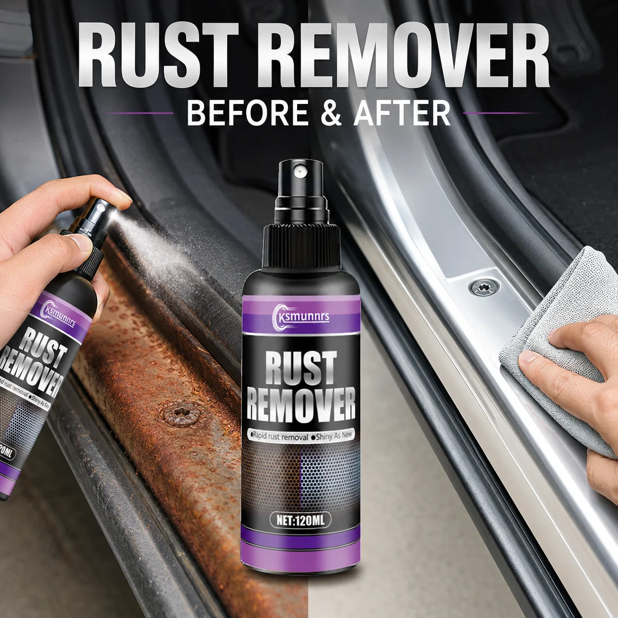 Car Rust Remover Spray for Metal Parts, Fast Rust Cleaner for Auto Body, Wheels, Tools and Chrome Surface Care