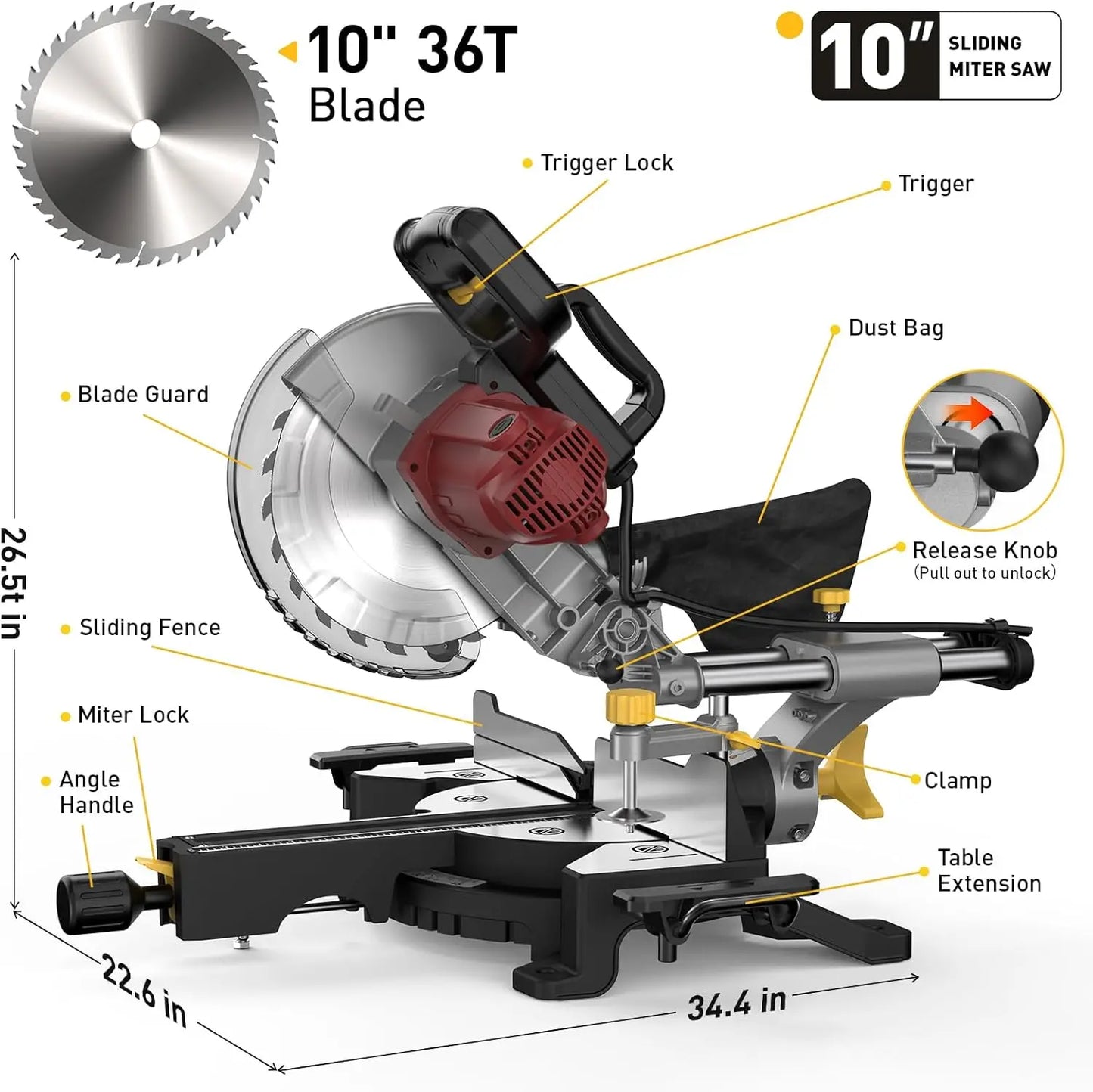 10/12 Inch Sliding Compound Miter Saw – 15 Amp, 5000RPM, 0-45° Dual-Bevel Precision Cutting Power Saw