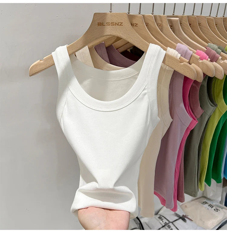 AOSSVIAO Women Solid Round Neck Ribbed Tank Top Camisole Women 2026 Summer Basic Elastic Tank Top O Neck Solid Tank Top