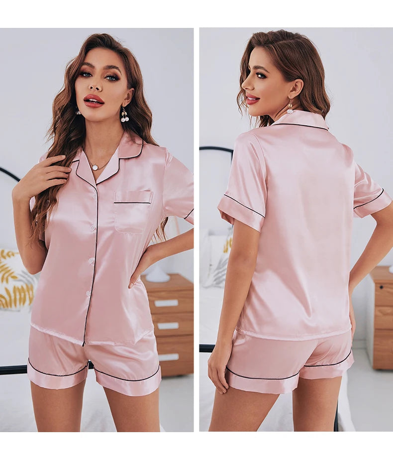Women's Silk Satin Pajamas Set – Short Sleeve Button-Down Two-Piece Sleepwear Loungewear | XS–XXL (6 Colors)