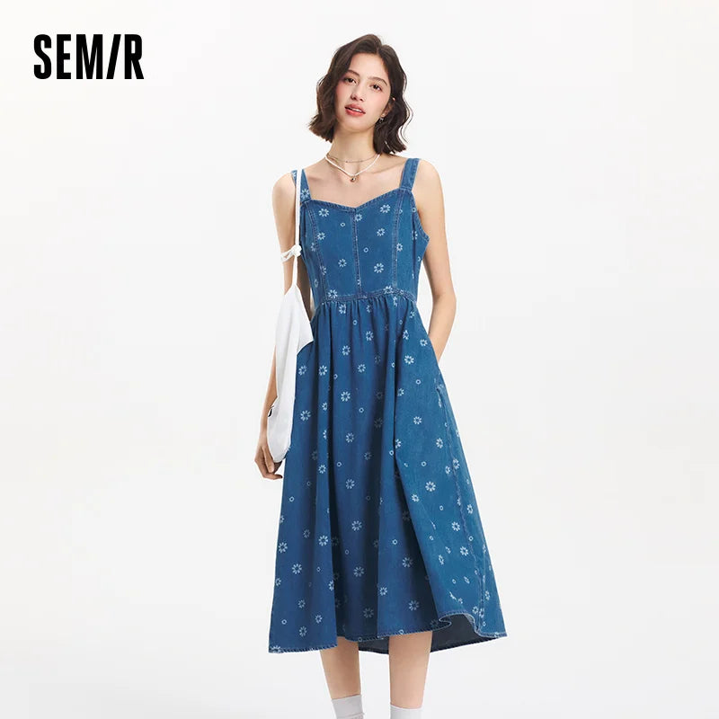 Semir Denim Jumper Dress Women Sweet Cool Trendy 2025 Summer New All Over Print Cotton Pinafore Playful Style