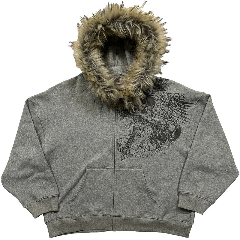 Women's Faux Fur Collar Zip-Up Hoodie, Gothic Streetwear