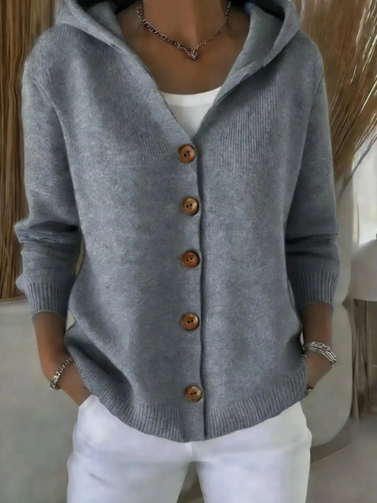 Women's Hooded Knit Cardigan - Casual Open Front V-Neck Sweater