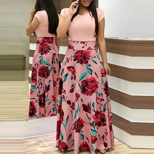 Women's Pleated Maxi Dress - Printed Crew Neck, Slim Waist Elegant