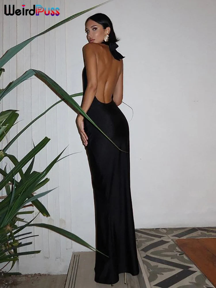 Weird Puss Halter Backless Dress Women Summer Trend Elegant Side Split Deep V-Neck Long Bodycon Midnight Party Ruched Vestidos