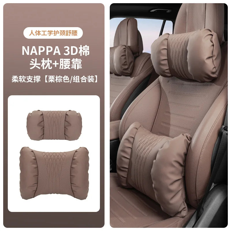 Nappa Leather Car Headrest & Lumbar Support Cushion – Soft Neck Pillow & Waist Pillow Set