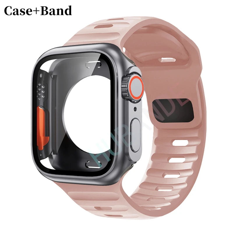 Silicone strap For Apple Watch 44mm 45mm 41mm 40mm Bracelet+Screen protectores Change to Ultra For iWatch Series 9 8 7 SE 6 5 3
