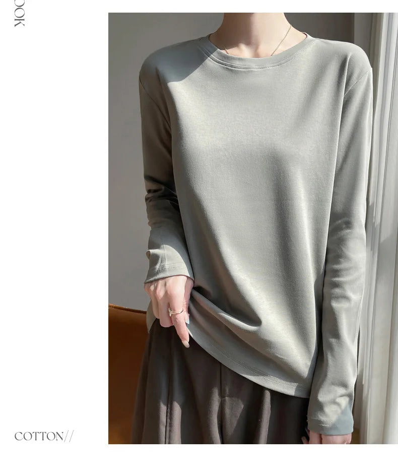 Spring And Summer New Mercerized Cotton Long Sleeve T-shirt Women's Round Neck Loose 100% Cotton Bottoming T-shirt