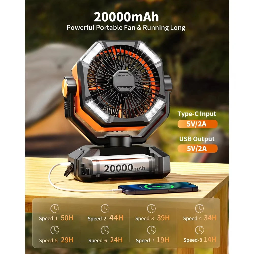 20000mAh Rechargeable Camping Fan – Portable Outdoor Fan with LED Light & Remote, 8 Speeds