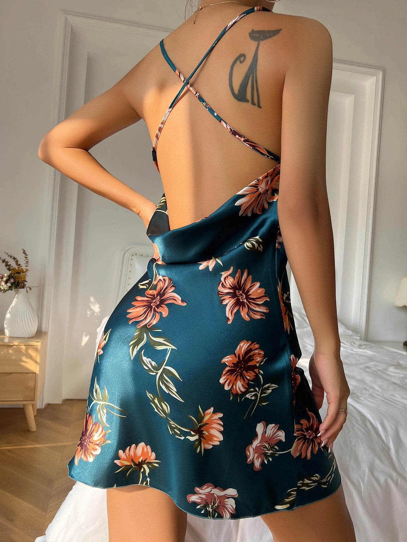 Women's Ice Silk Floral Print Slip Nightdress – Breathable Open Back Split Mid-Calf Pajama Dress | S–XL (9 Colors)
