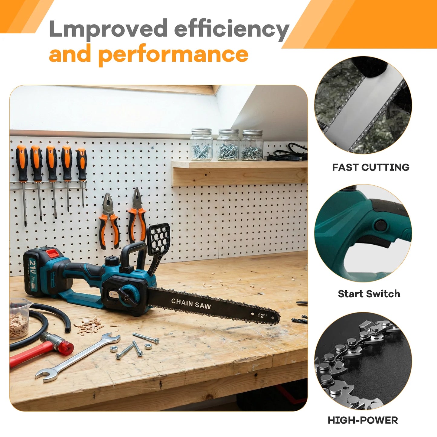 XYSD 12" Cordless Electric Chainsaw — 21V Handheld Saw for Tree Trimming