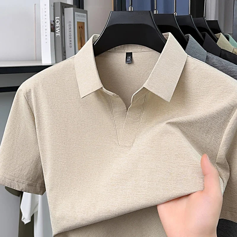 Men's Heather Knit Polo Tee - V-Open Lapel, Anti-Wrinkle Stretch
