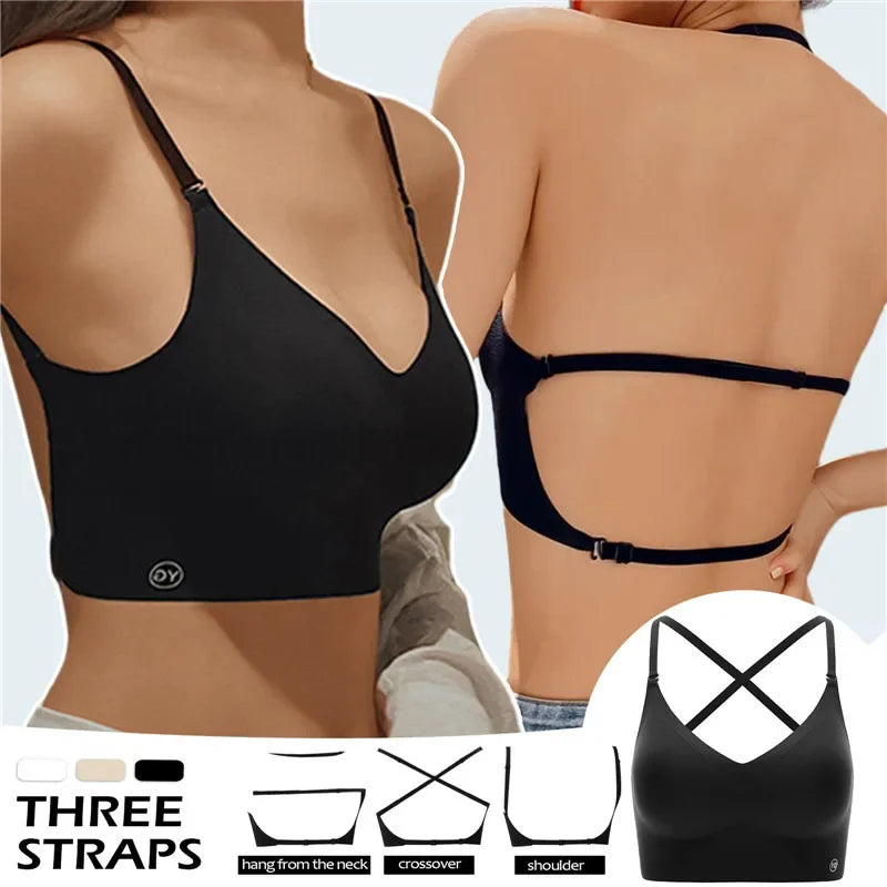Sexy U-shaped Back Lingerie Female Inner Wear Summer Thin Without Trace Backless Triangle Cup Polymerization Bra
