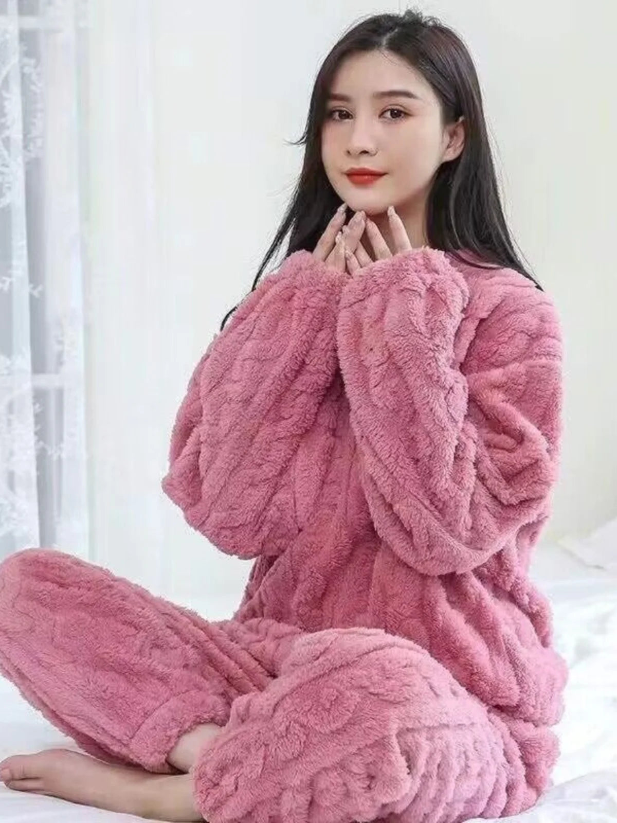 Women's Thick Coral Fleece PJs - Round Neck Winter Sleepwear, Plus Size - photo 4