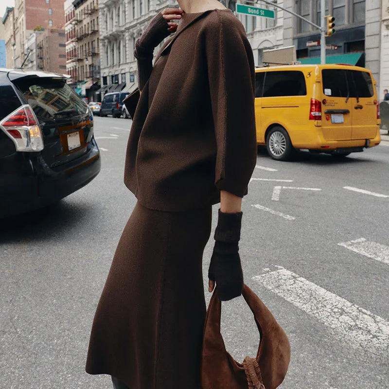 Women's Knit Sweater & Midi Skirt Set - Turn-Down Collar Two Piece - photo 2