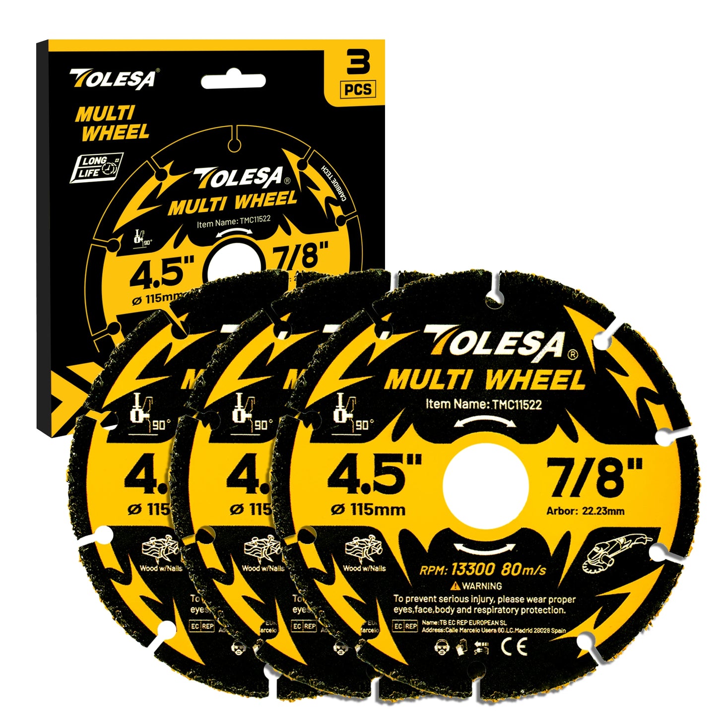 TOLESA 3Pcs Carbide Cutting Disc 3/4.5 Inch Cut Off Wheels Angle Grinder Cutting Wheel for Wood, Wood with Nails, Plastic