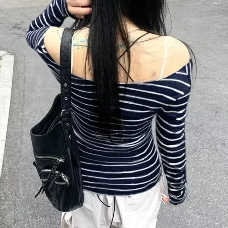 Harajuku Basic Slim Long Sleeve Stripe Tee Off Shoulder O Neck Korean Street Style Spring Autumn Y2K Women's Gray T Shirt