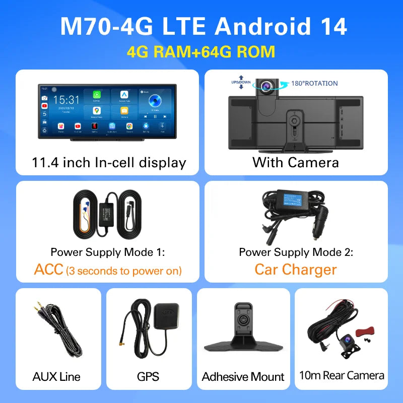Imagebon M70 11.4" 4G Android 14 Dashcam with Wireless CarPlay & Android Auto