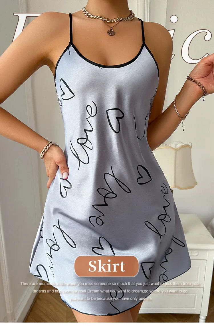 Women's Heart & Letter Print Nightdress – Sexy Sleeveless Satin Slip Sleepwear | S–XL (6 Colors)