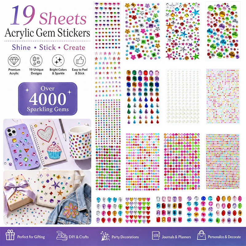 Gem Stickers,Self-Adhesive Face Jewelry Sticker, Acrylic Gems DIY Crafts, Sparkle Heart-Shaped Rhinestone Party Holiday Supplies
