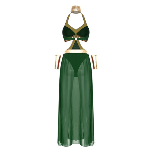 Sequin tassel slit halter belly dance dress set
