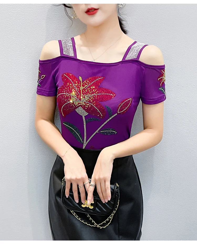 Women's Off-Shoulder Rhinestone Mesh Top
