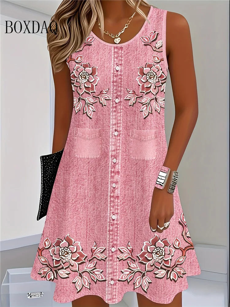 2026 Women Summer Sleeveless Bohemian Dress Fashion Imitate Cowboy Vest Flowers Print Dress Casual Tank Beach Dresses For Women