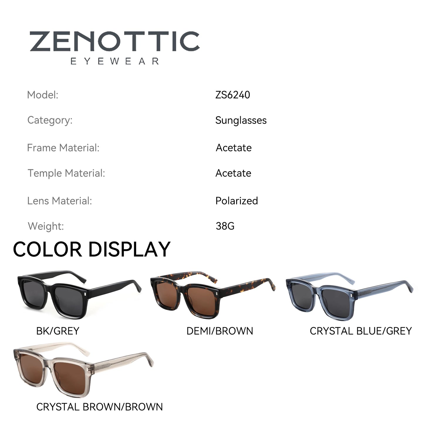 ZENOTTIC Polarized Square Sunglasses — Handmade Acetate Frame