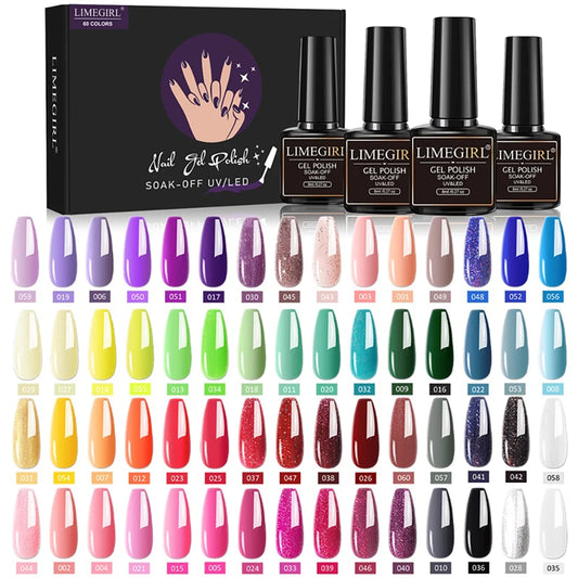 60 Color Gel Nail Polish Set with Base & Top Coat - Soak Off UV LED