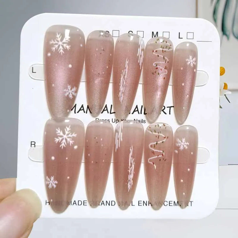 10 Pcs Christmas Atmosphere Press on Nails Cute Christmas Tree Bear Snowflake and Santa Claus Handmade Nails Patch Fake Nails