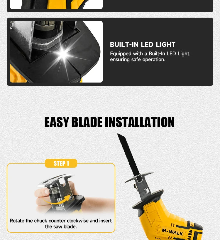 M-WALK 3000RPM Cordless Electric Reciprocating Saw Chainsaw Saber Saw Wood Metal Cutting Power Tool For Dewalt 20V Battery Pin